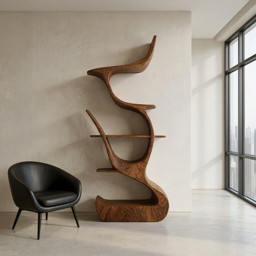 Contemporary Organic Wooden Bookshelf For Living Room Corner
