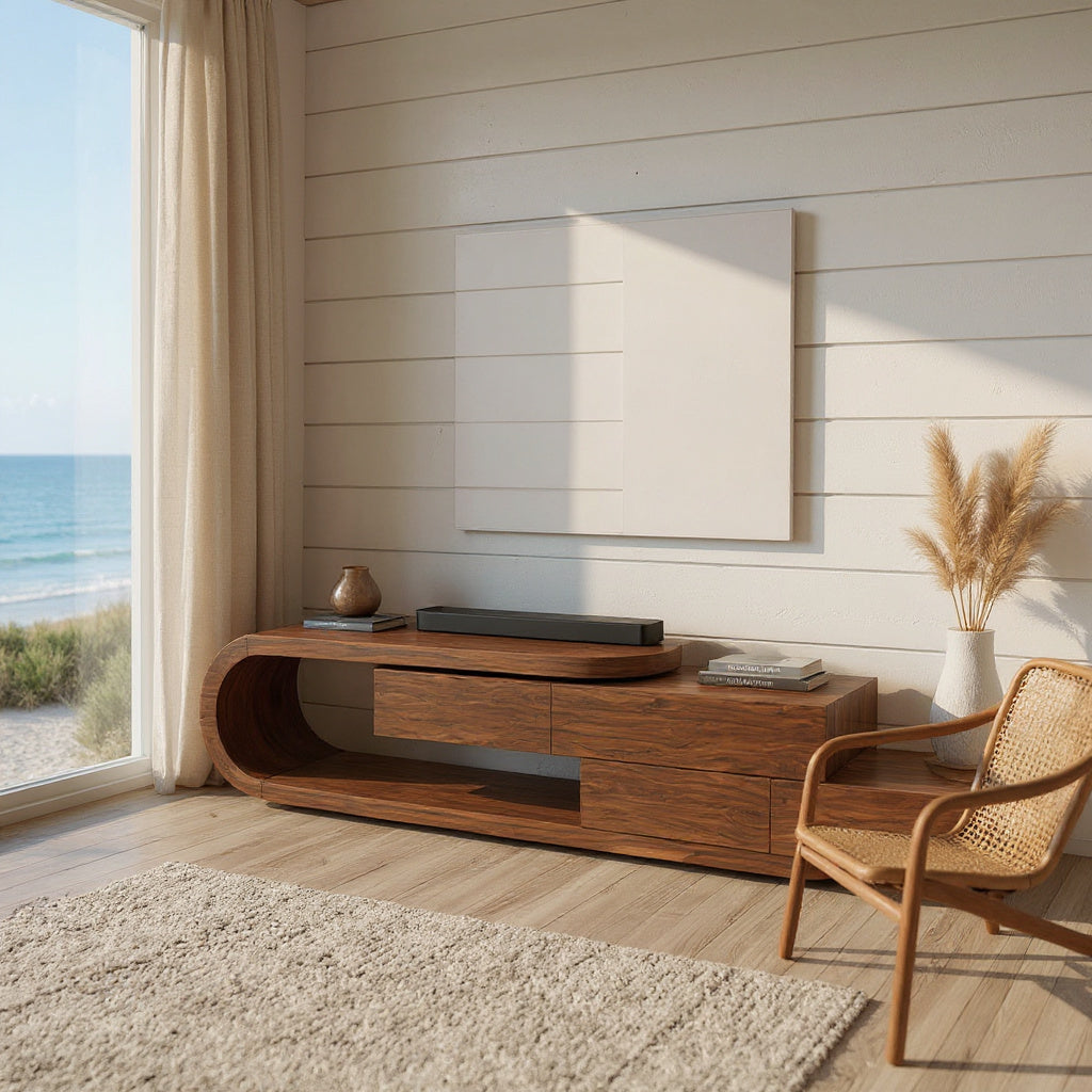 Contemporary Rounded TV Console With 2 Tiers For Living Room