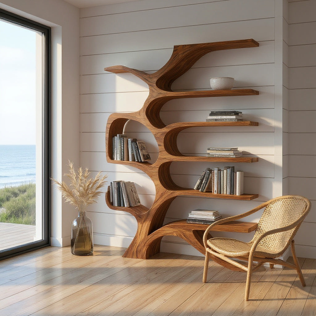 Contemporary Sculpted Wooden Bookshelf For Living Room Decor