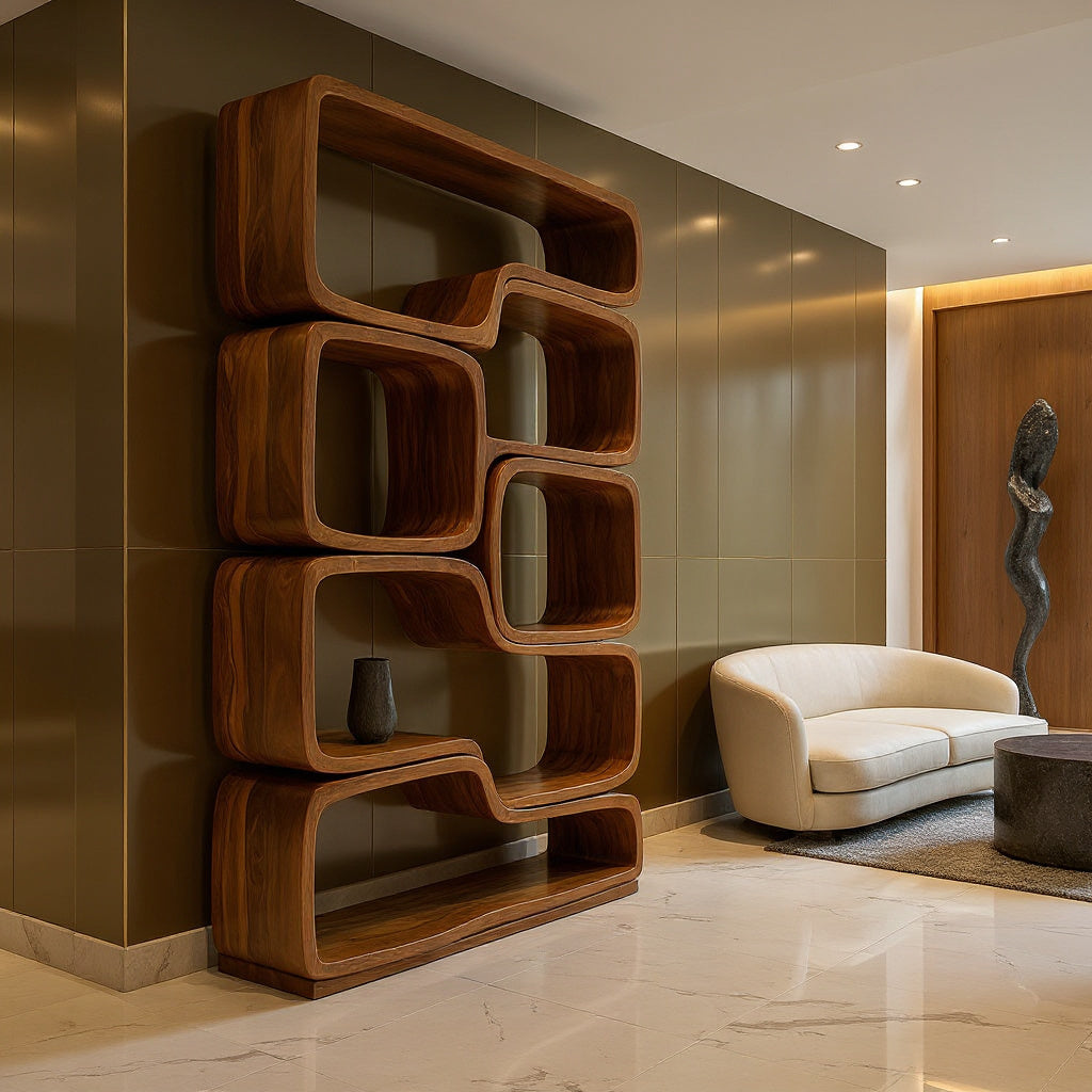 Contemporary Sculptural Natural Wood Bookshelf For Living Room