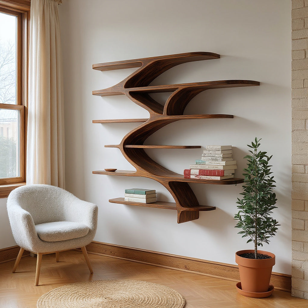 Contemporary Sculptural Natural Wood Wall Shelf For Modern Home