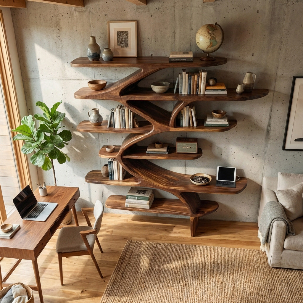Contemporary Sculptural Natural Wood Wall Shelf For Modern Home
