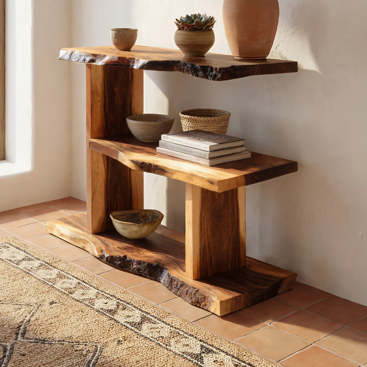 Artistic Wooden Live Edge Standing Shelf For Entryway Storage Design
