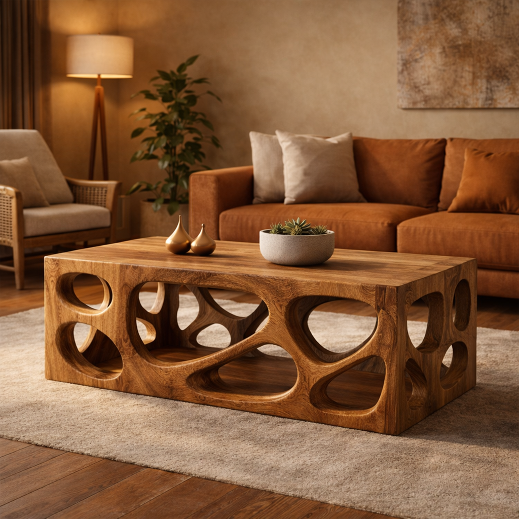 Architectural Carved Solid Wood Coffee Table Organic Void Design Statement Living Room - view 3
