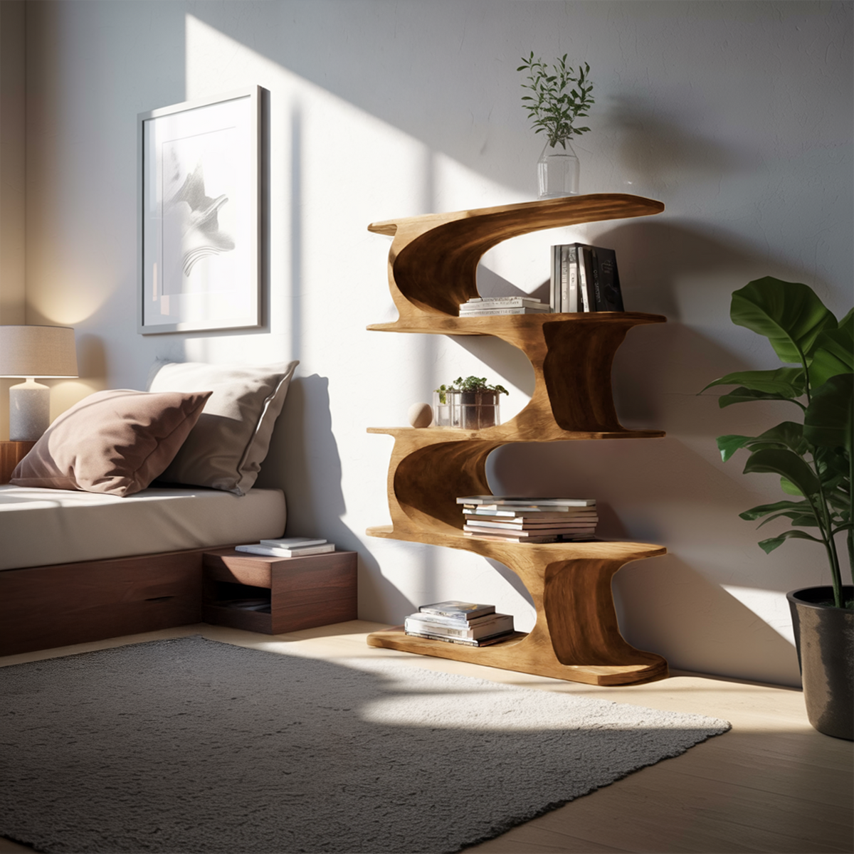 Artistic Curved Bookshelf For Living Room Accent