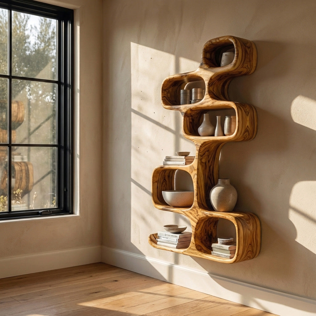 Abstract Wooden Wall Shelf For Living Room