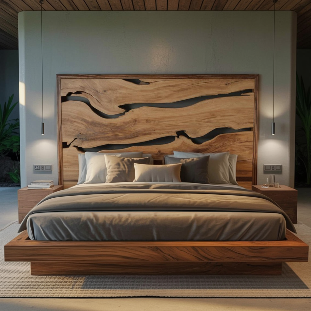 Contemporary Live Edge Headboard And Bed Frame For Bedroom