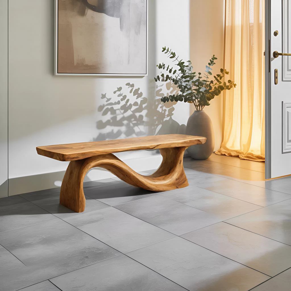 Contemporary Organic Sculpted Live Edge Bench For Living Room