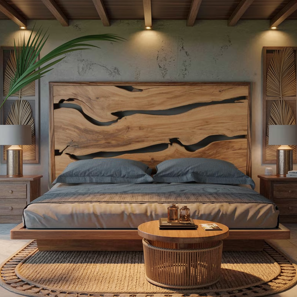 Contemporary Live Edge Headboard And Bed Frame For Bedroom