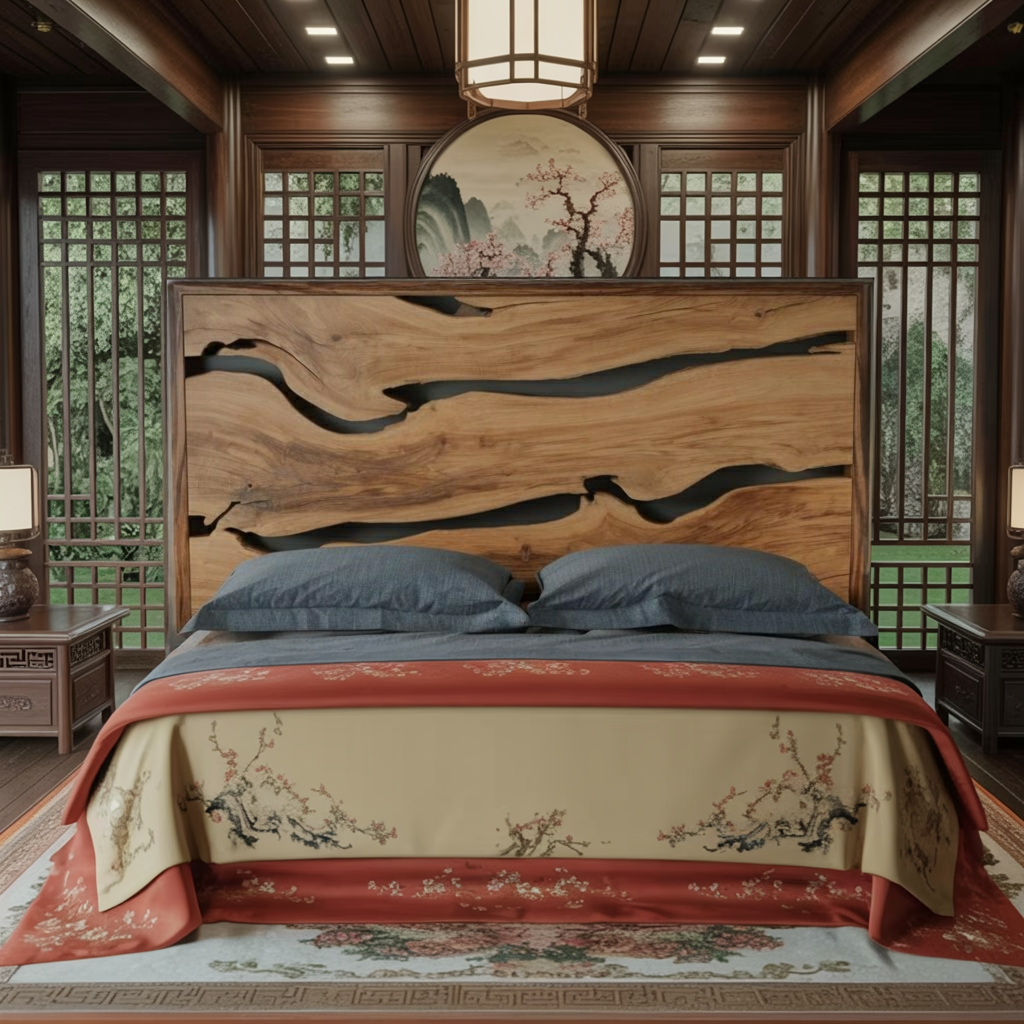 Contemporary Live Edge Headboard And Bed Frame For Bedroom