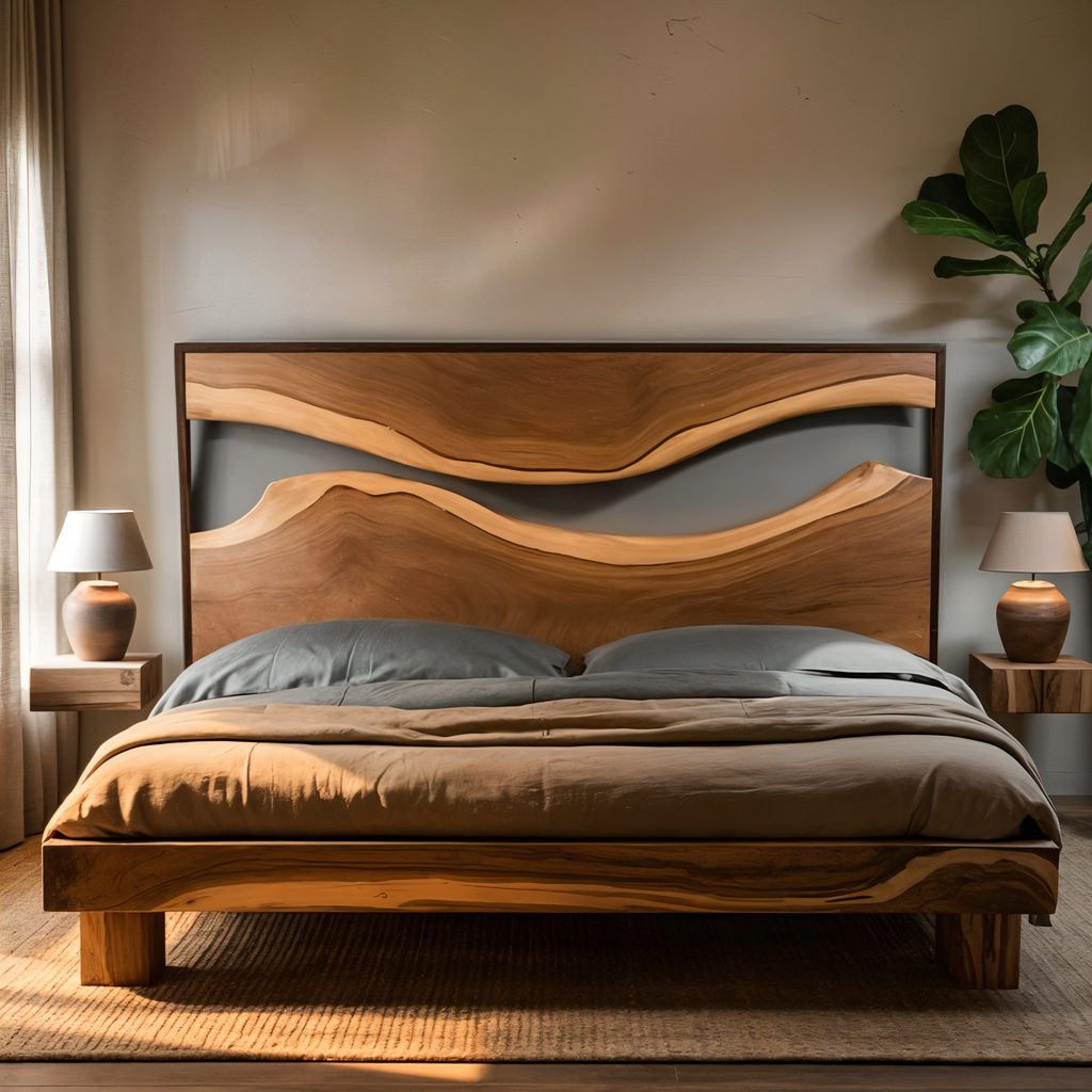Artistic Live Edge Headboard And Bed Frame For Bedroom Centerpiece