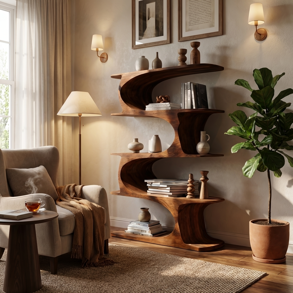 Artistic Curved Bookshelf For Living Room Accent