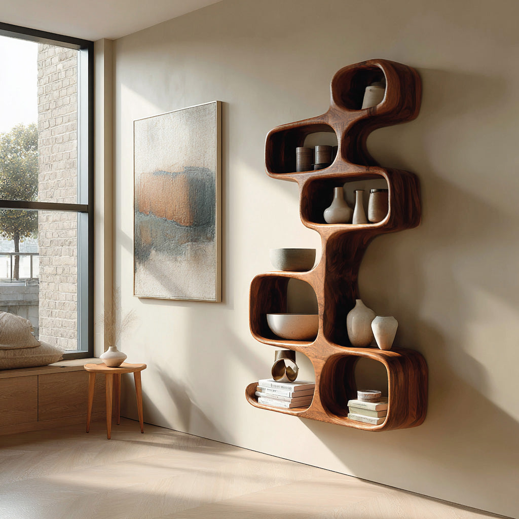 Abstract Wooden Wall Shelf For Living Room