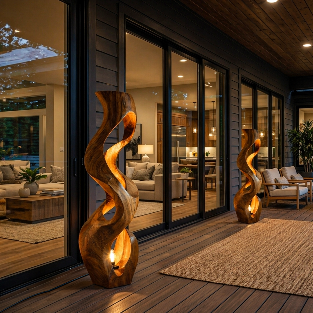Artistic Wooden Floor Lamp With Flowing Form For Bedroom