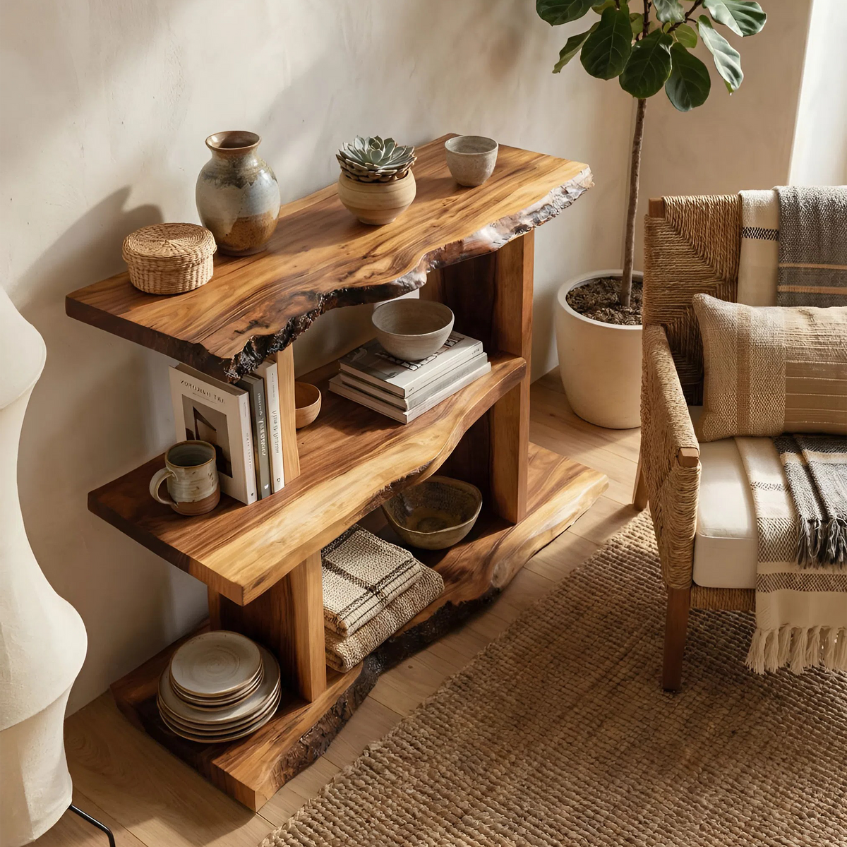 Artistic Wooden Live Edge Standing Shelf For Entryway Storage Design