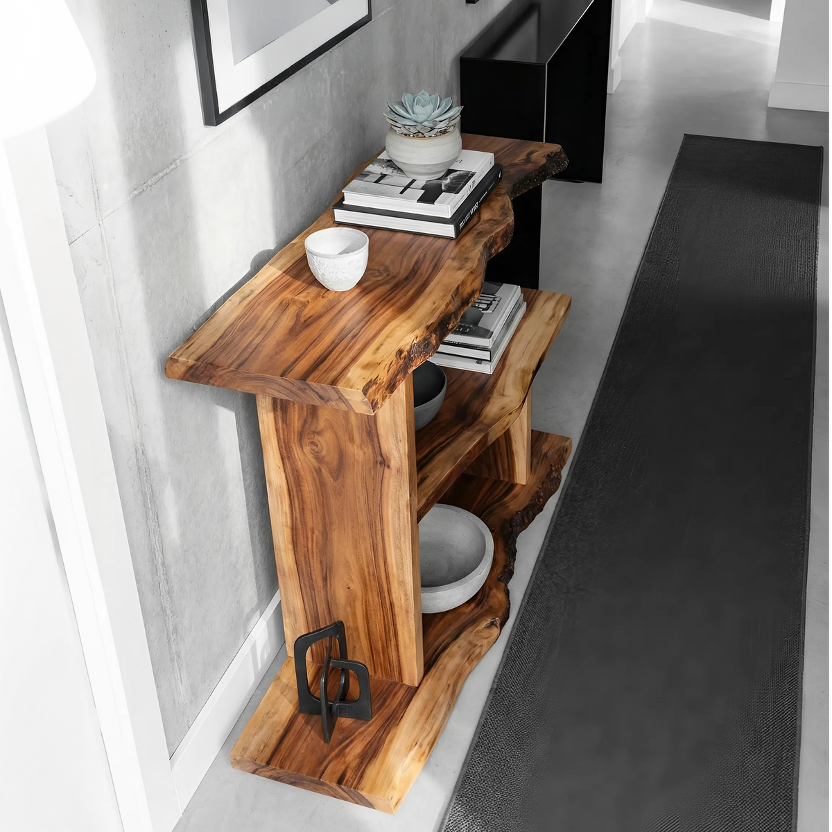 Artistic Wooden Live Edge Standing Shelf For Entryway Storage Design