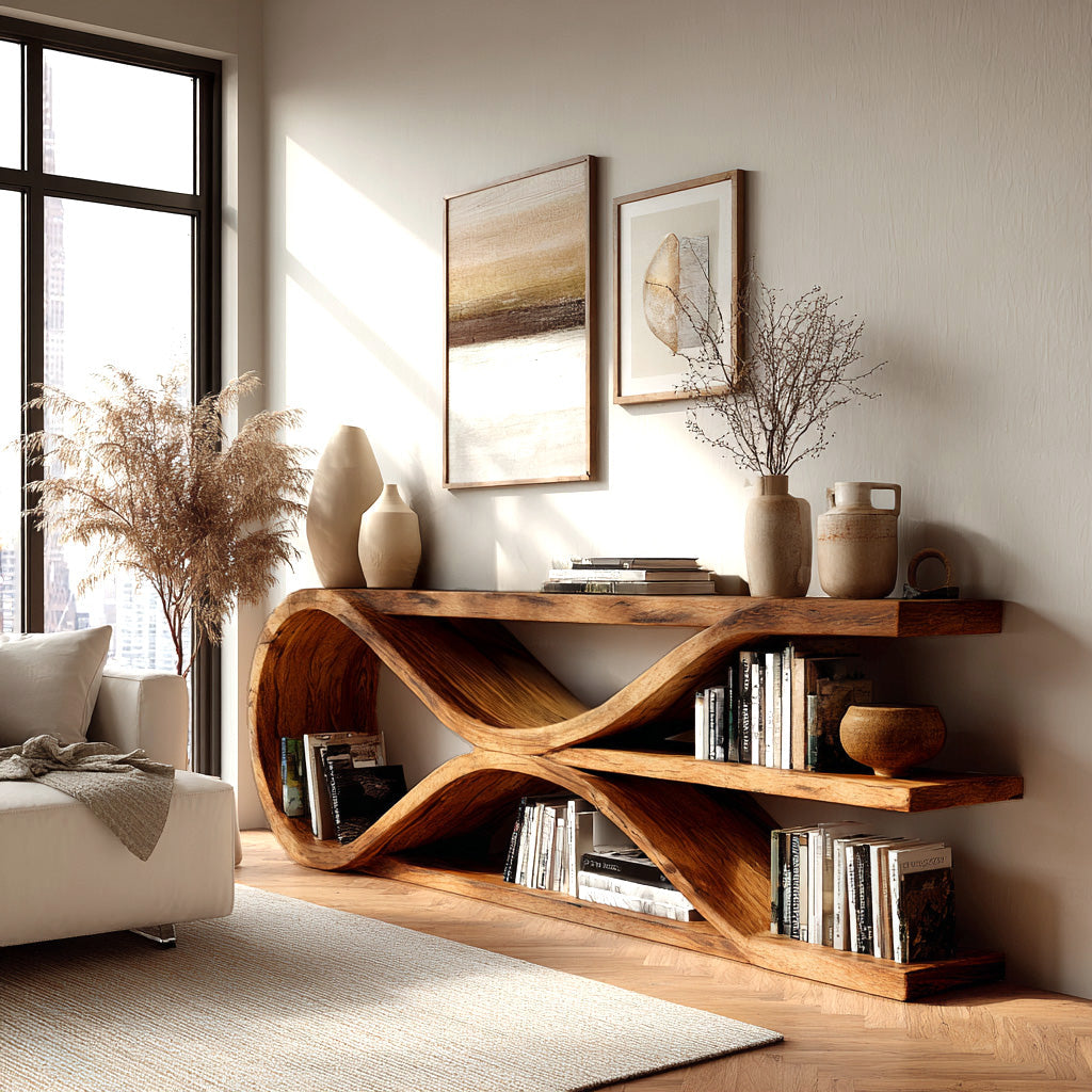 Contemporary Curved Wooden Console Table For Living Room