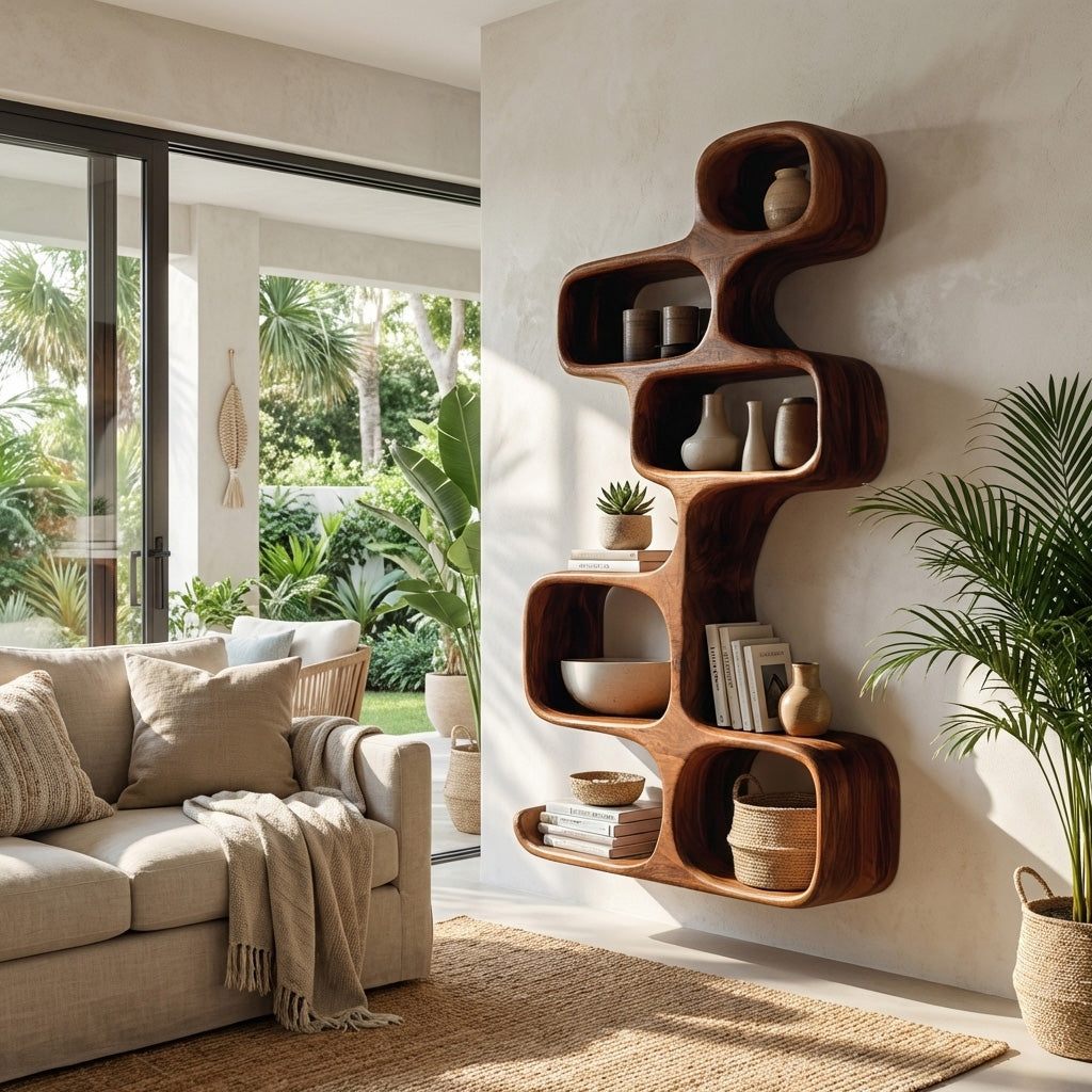 Abstract Wooden Wall Shelf For Living Room