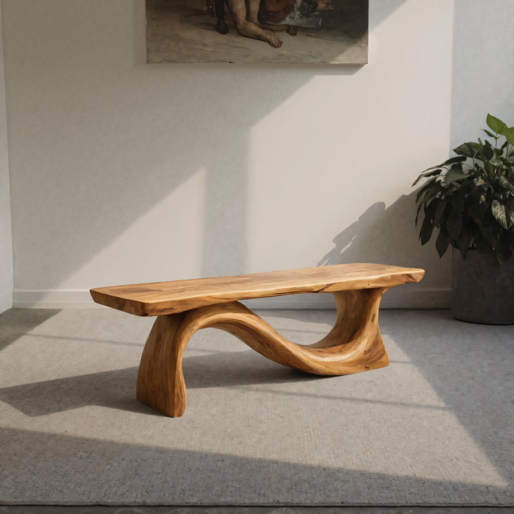 Contemporary Organic Sculpted Live Edge Bench For Living Room