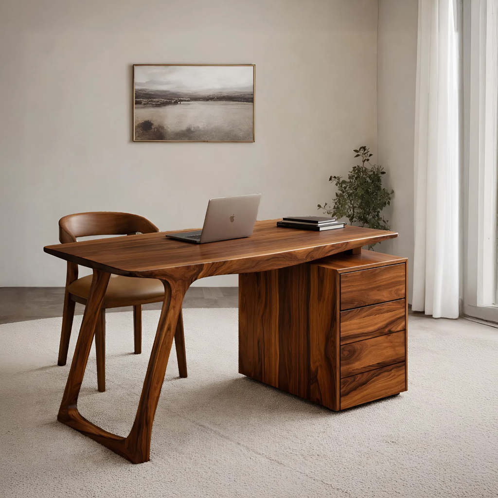 Contemporary Live Edge Office Desk With Storage Cabinet For Workspace - view 3