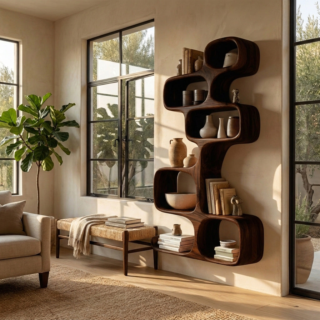 Abstract Wooden Wall Shelf For Living Room