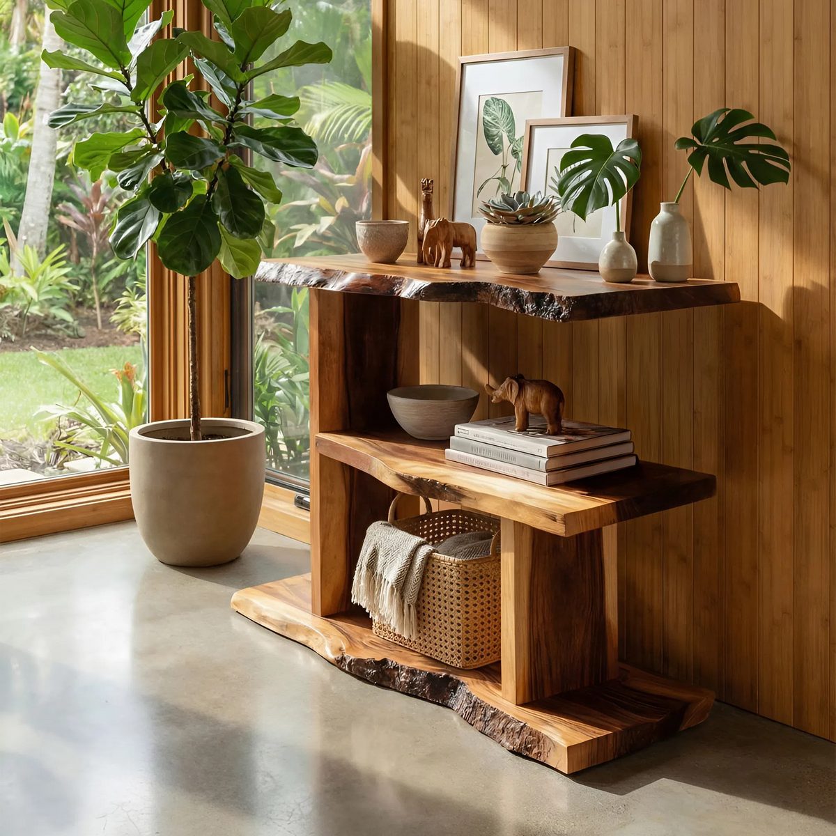 Artistic Wooden Live Edge Standing Shelf For Entryway Storage Design