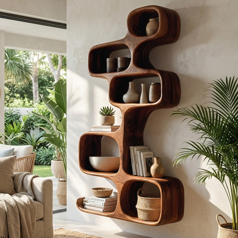 Abstract Wooden Wall Shelf For Living Room